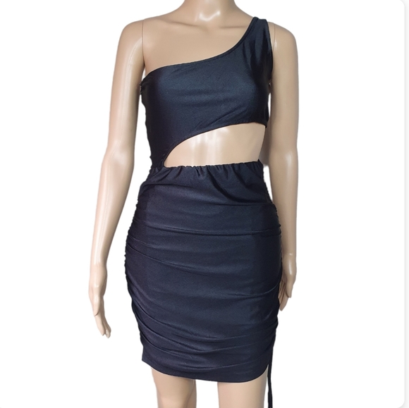 NWT Bodycon cut out midi dress ruched Sze S oneshoulder black Sexy party cocktai - Picture 2 of 10